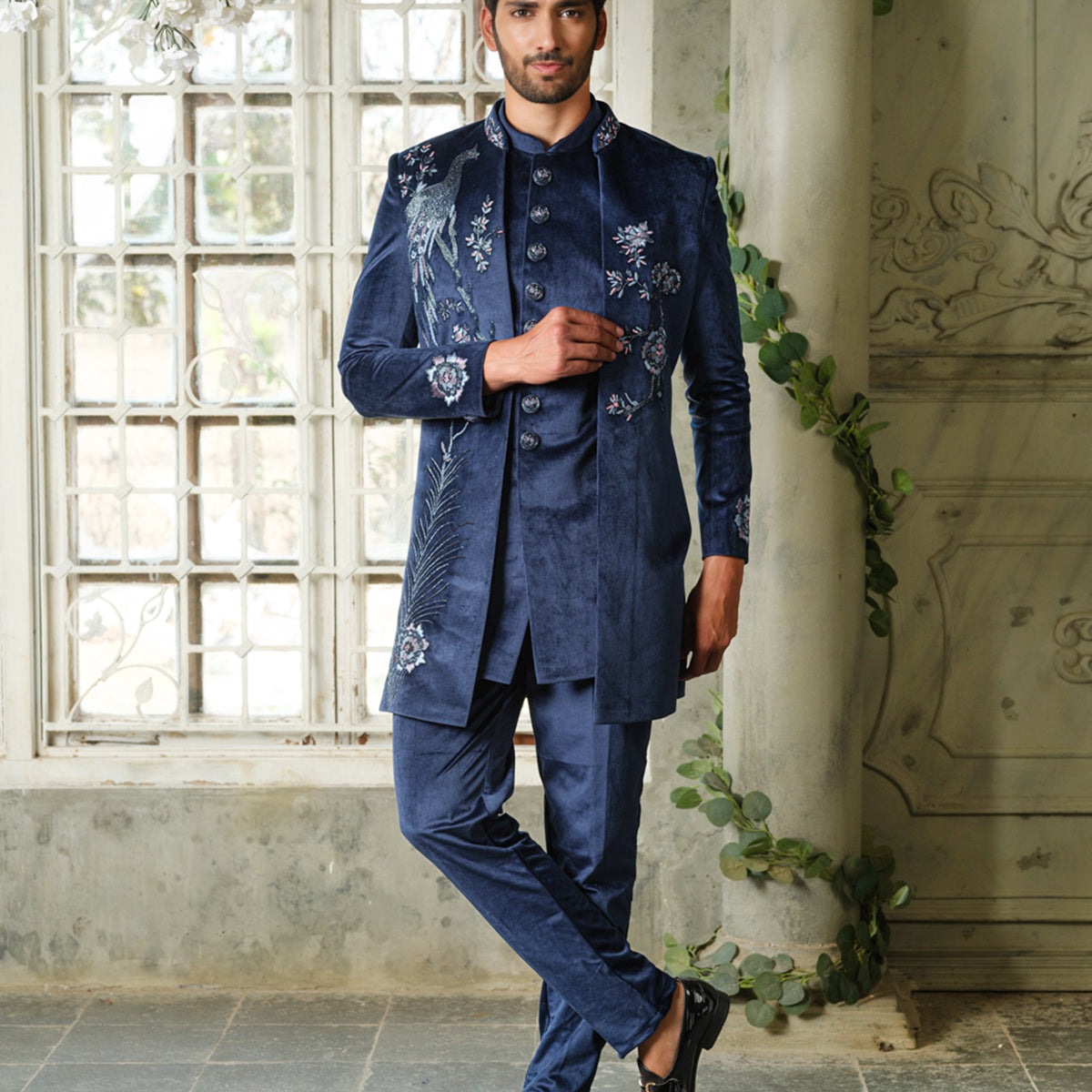 Cutdana work Velvet Peacock Style Navy Blue Indo Open Jacket