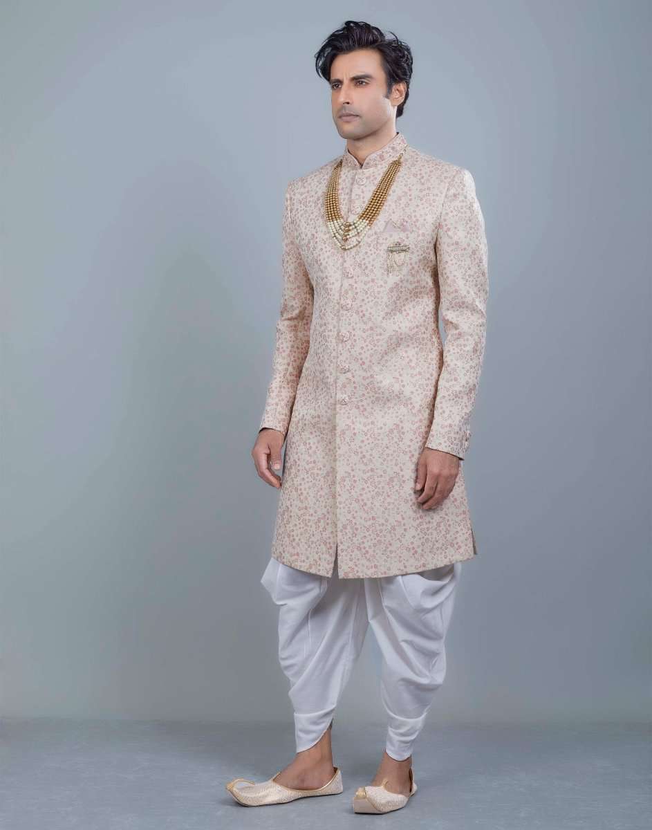 Self All Over Floral Jacquard Design Indo Sherwani