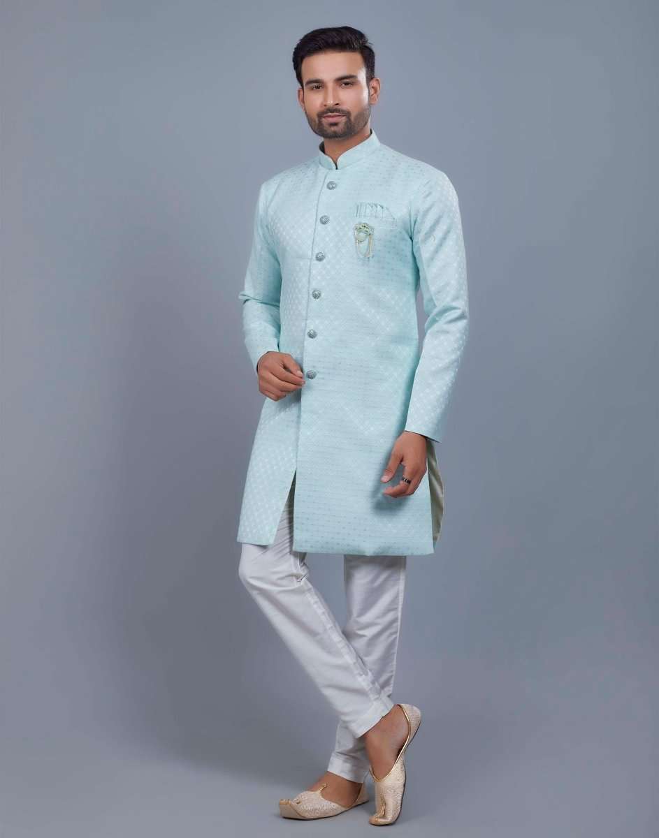 Self Broacde Silver Zari Work Semi Indo