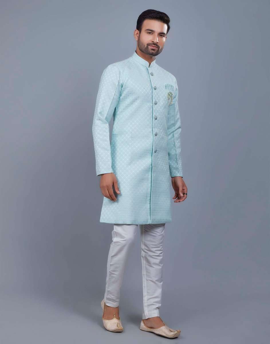 Self Broacde Silver Zari Work Semi Indo