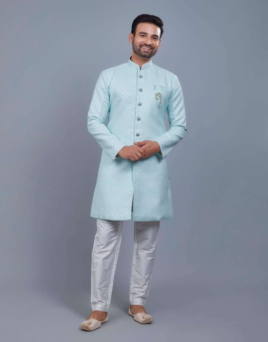 Self Broacde Silver Zari Work Semi Indo