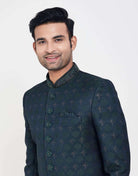 Navy Blue Jacquard And Thread Work Indo Western Sherwani