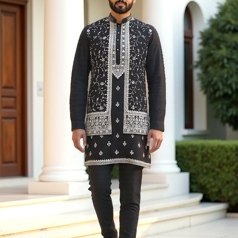 All Over Floral Design Thread Embroidery Work Raw Silk Open Jacket Set