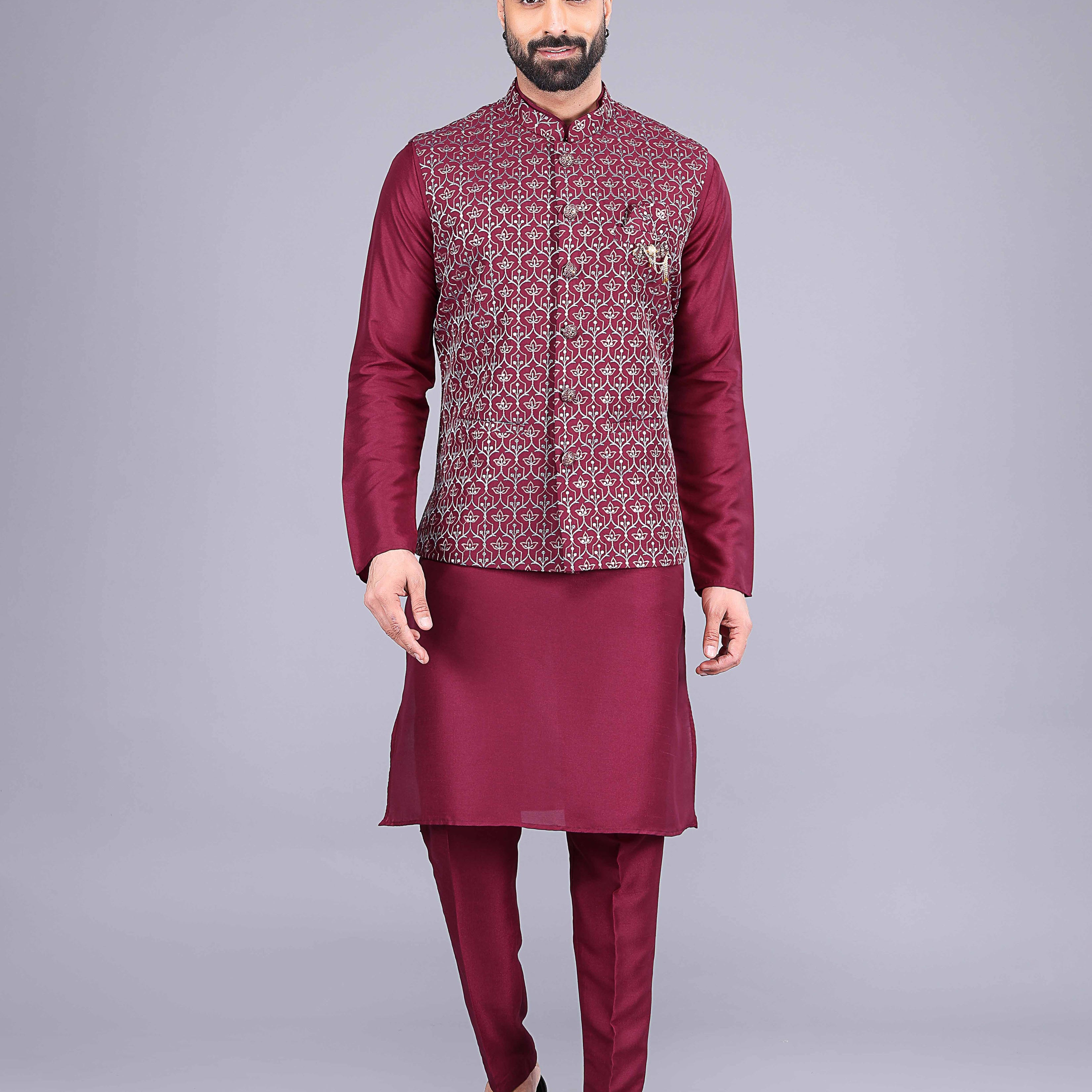 All Over Floral design Embroidery work Jacquard Kurta jacket Set