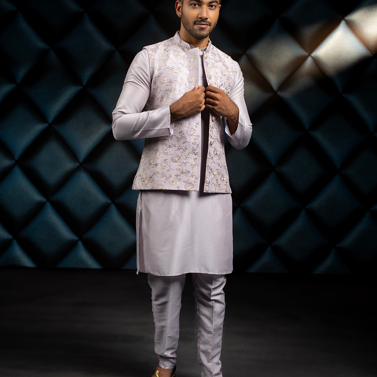 Classic Beige Floral Kurta Set for Men Jacquard Silk with Ethnic Jacket - Buy