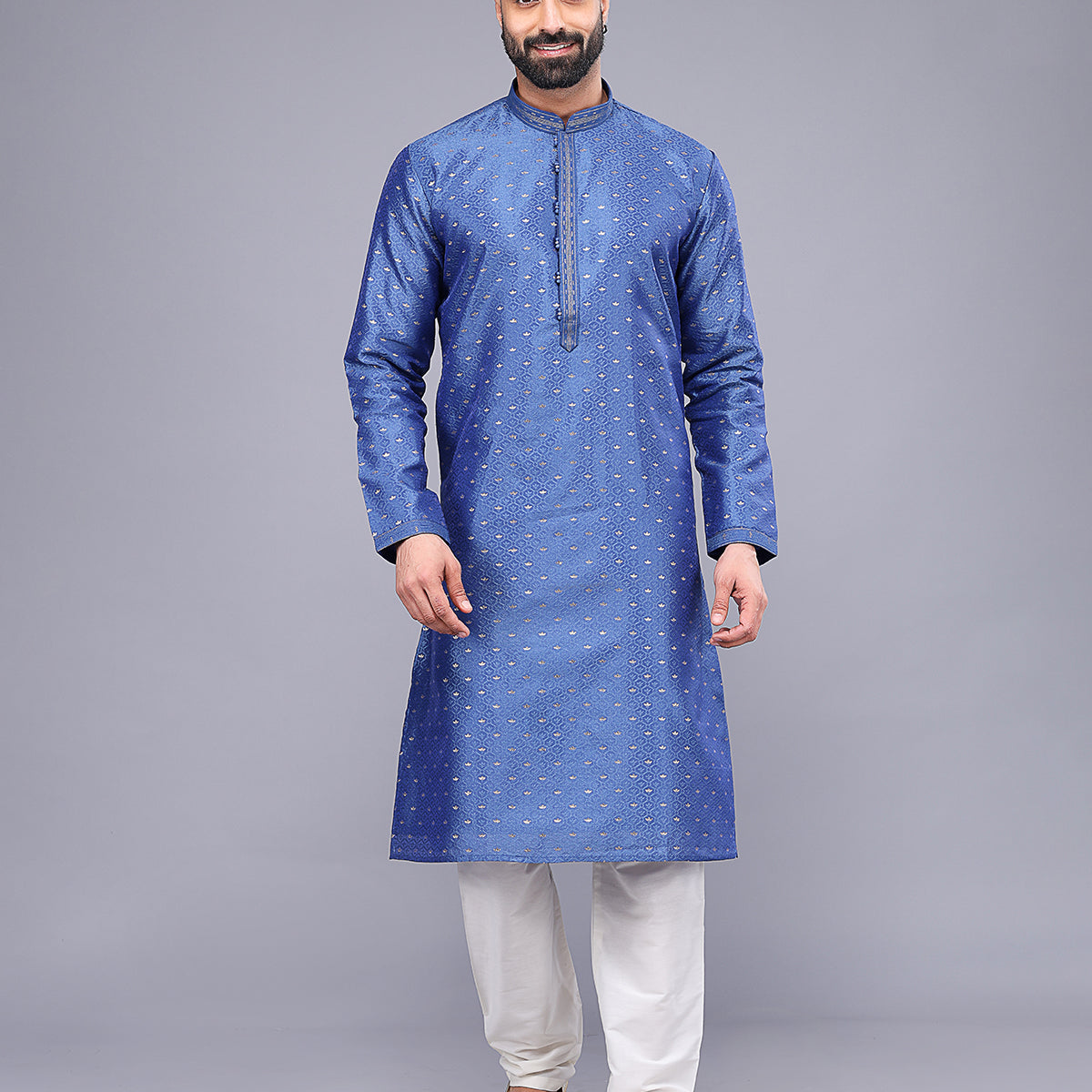 All Over Floral Bootis and Self Weaving Party Wear Soft Silk Kurta Set
