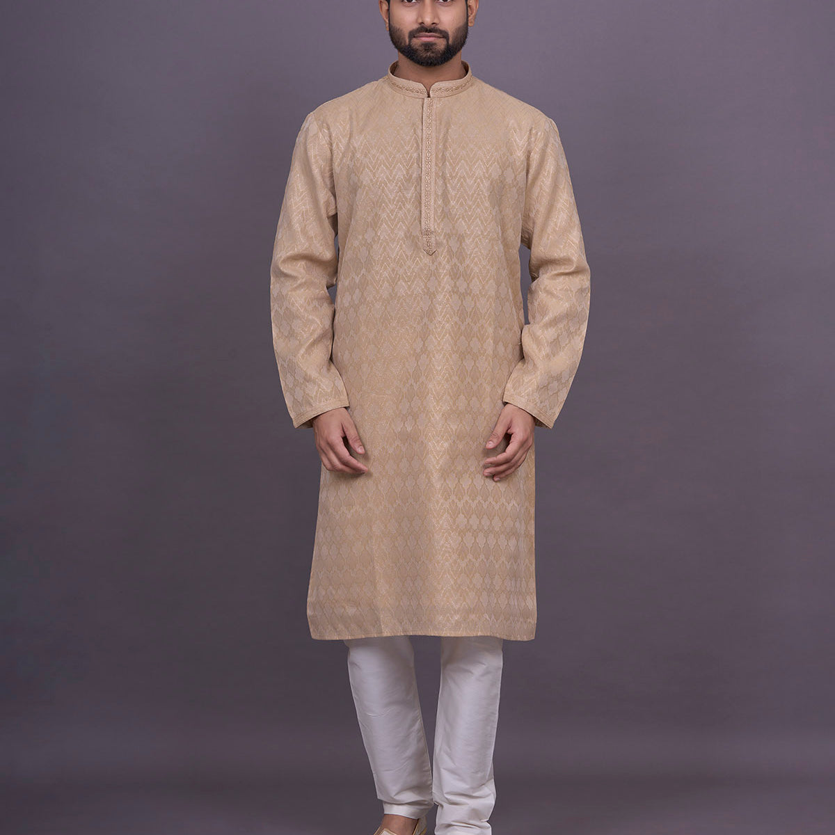 All Over Self design Gold Color raw silk kurta set
