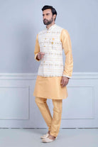Self Brocade With Printed Soft Silk Kurta Jacket Set