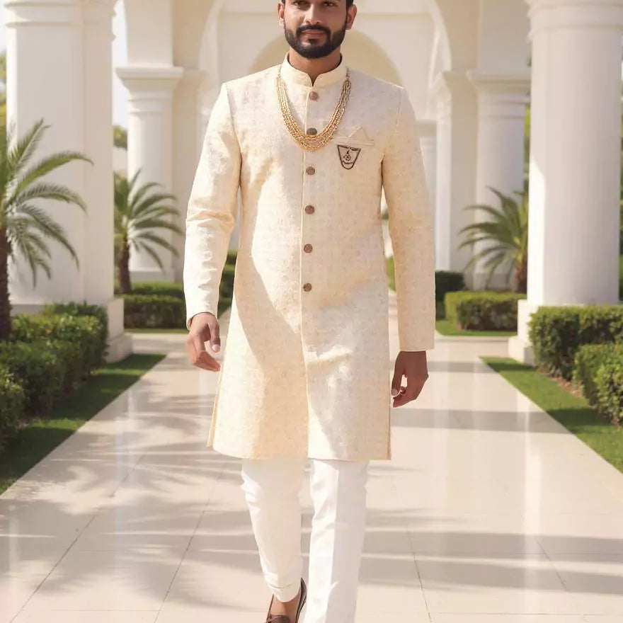 Golden Fawn Self Patterned Jacquard Semi Indo with Mala