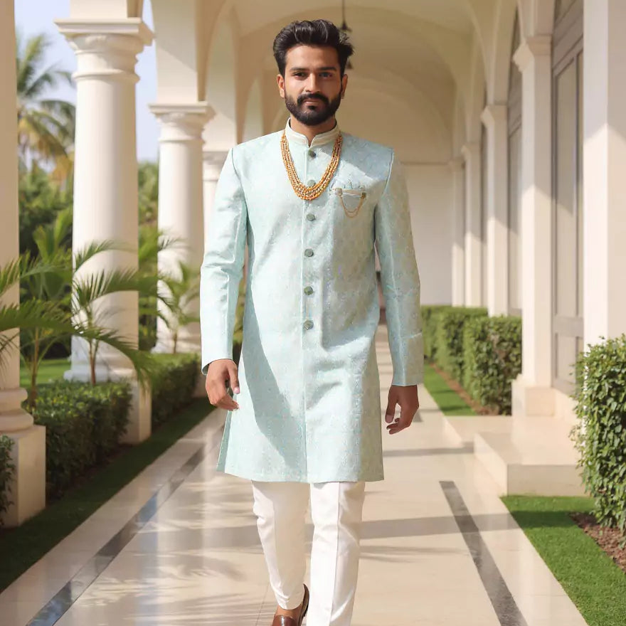 Floral Design Jacquard Firozi Color Semi Indo with Mala