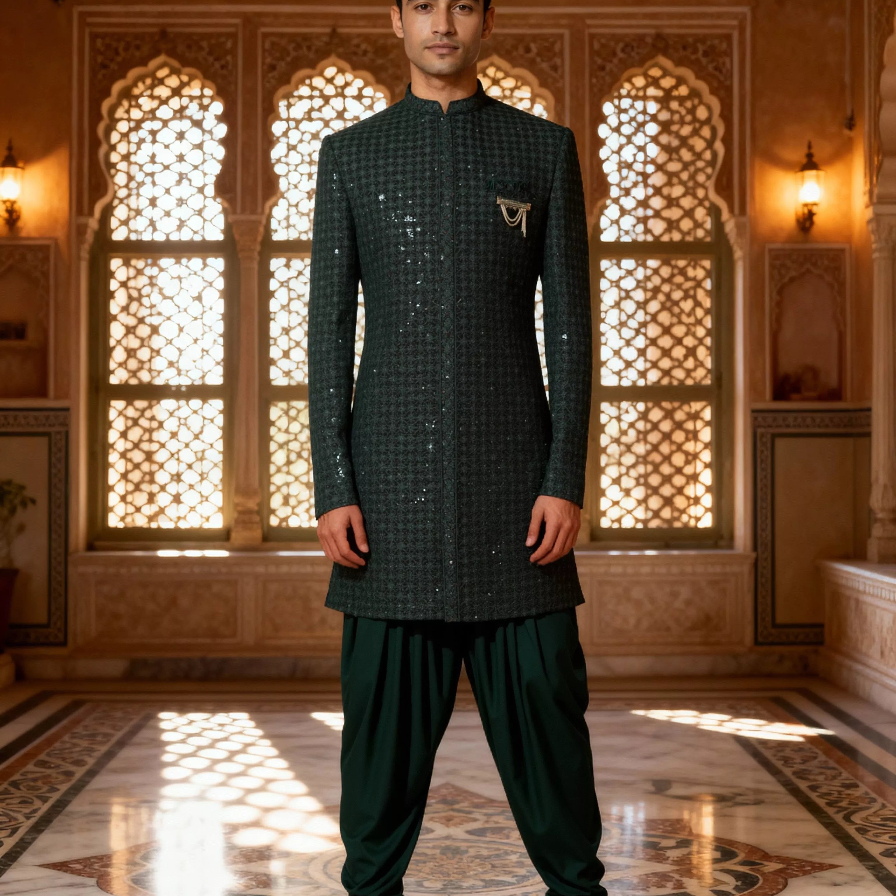 Heavy Thread Embroidered Velvet Indo Western Set in Rama