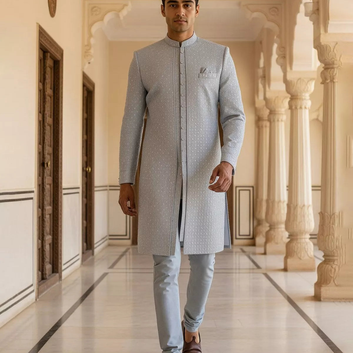 Grey Brocade Thread work Cotton Silk Indo-Open Jacket Set