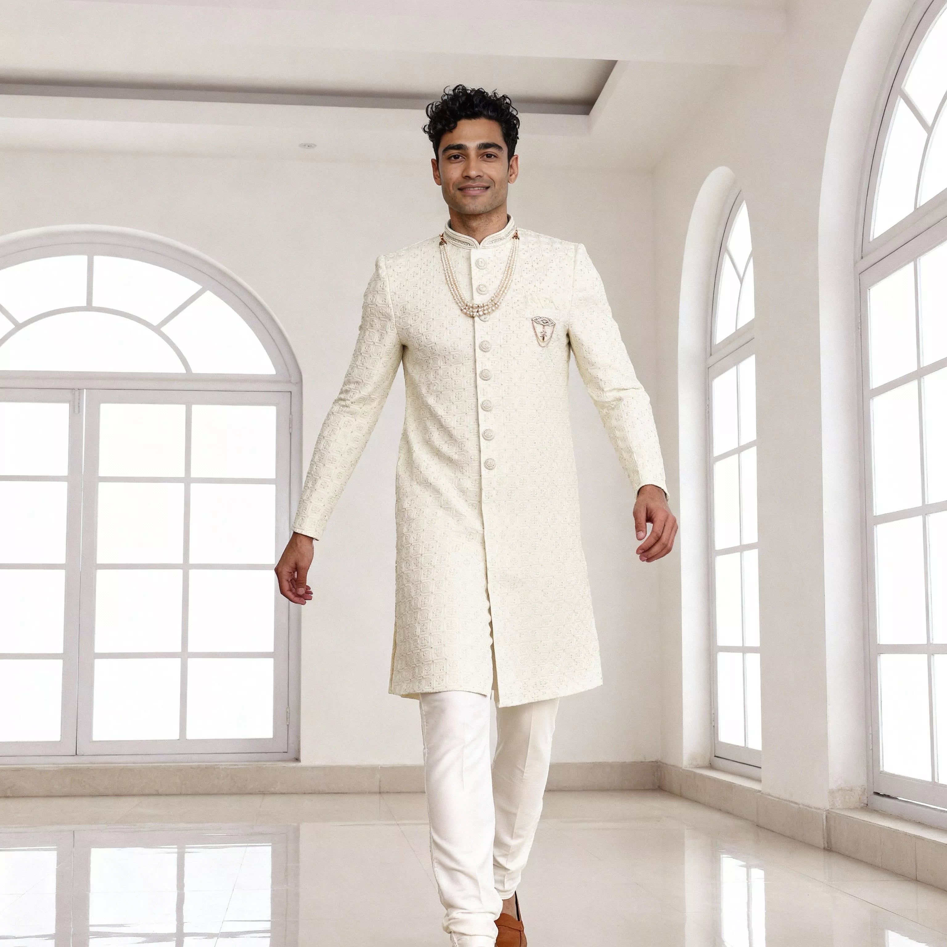 Exclusive Cream Cotton Silk Thread work Indo Western with Mala