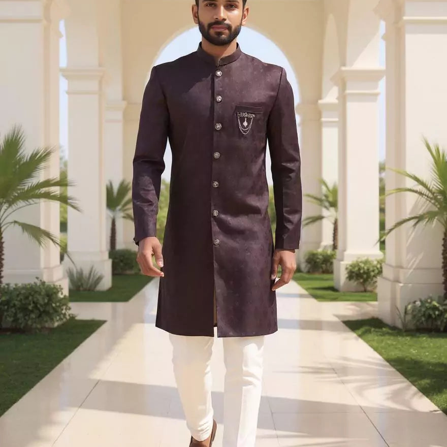 Men's Purple Self Design Jacquard Semi-Indo