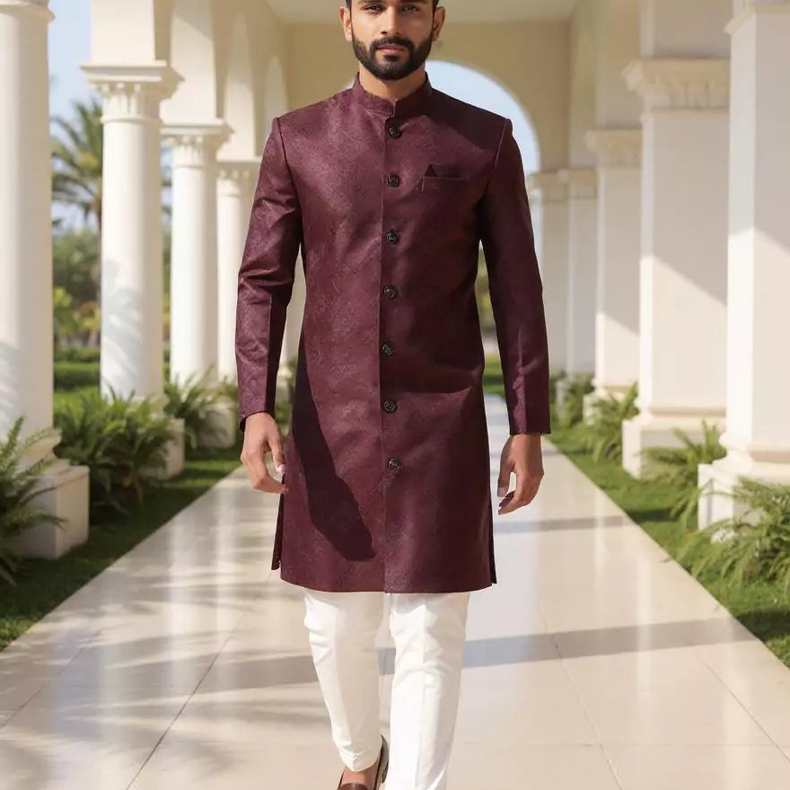 Wine Imperial Patterned Jacquard Semi-Indo Set