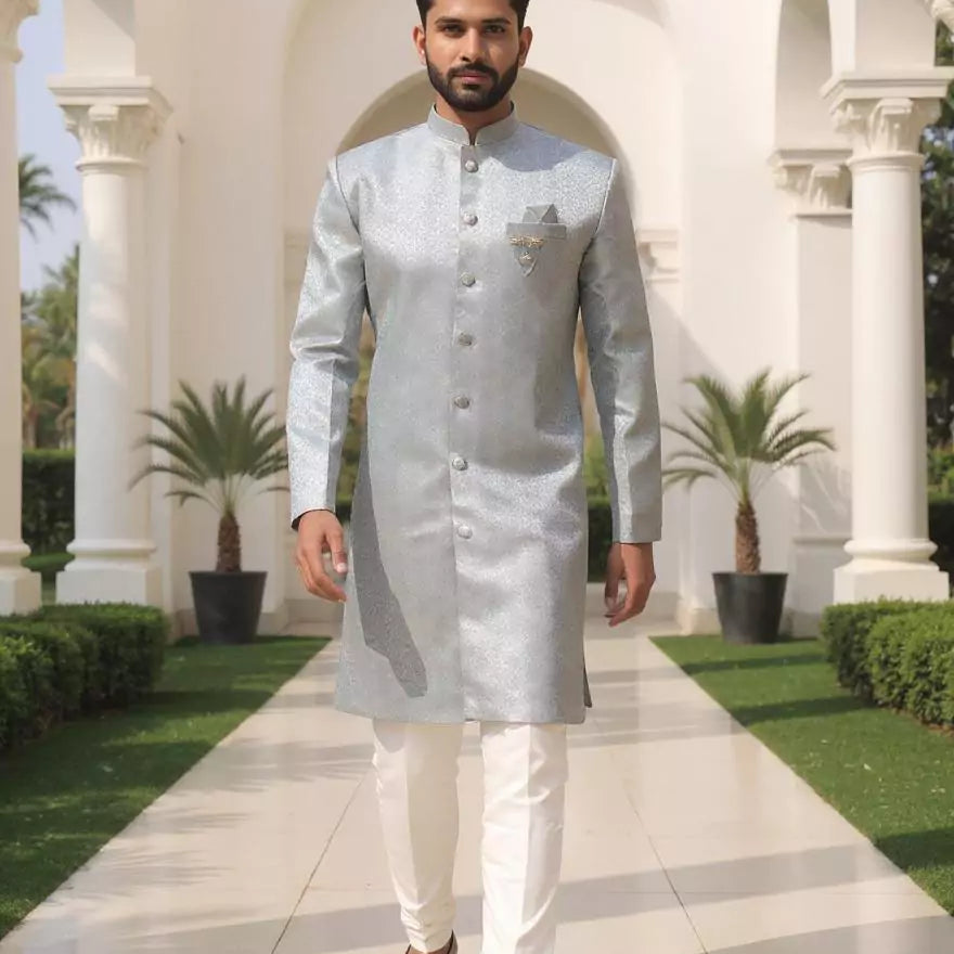 Grey Self Floral Weaving Jacquard Semi Indo