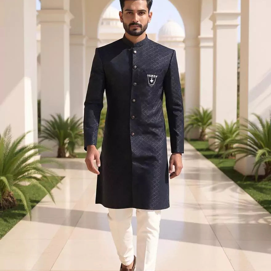 Men's Navy Blue Self Patterned Jacquard Semi Indo