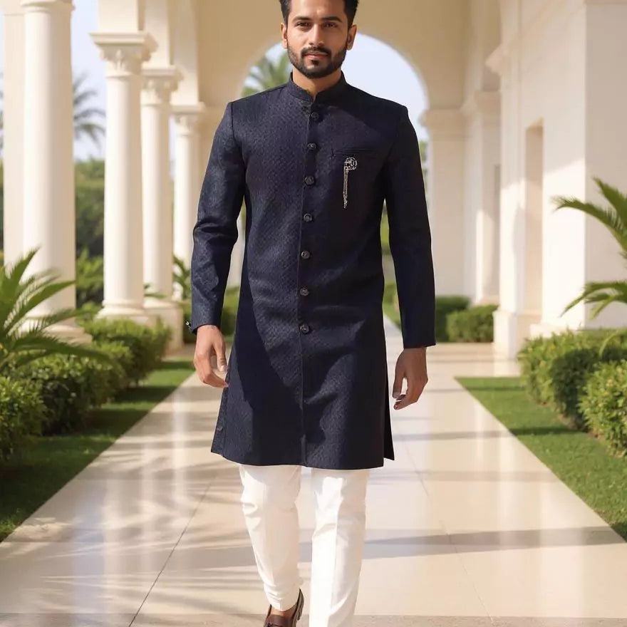 Navy Blue Self Weaving Jacquard Semi-Indo