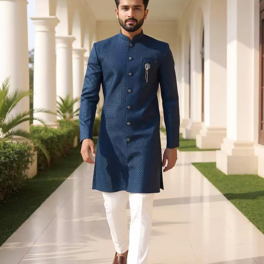 Peacock Blue Self Design Jacquard Semi-Indo