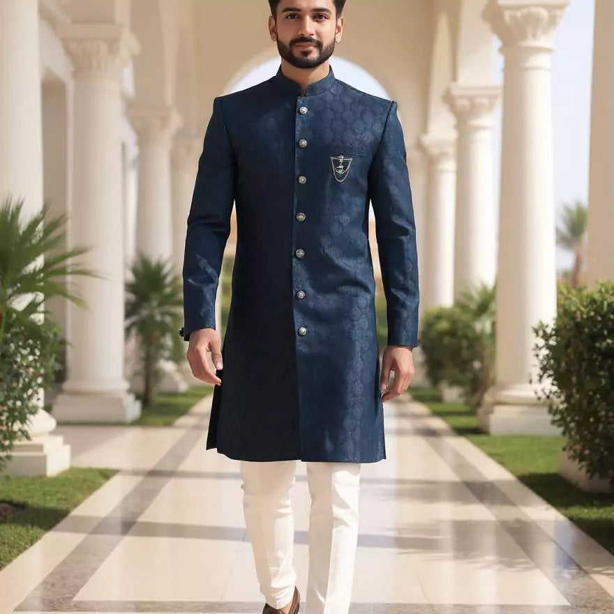 Classic Peacock Color Jacquard Self Design Semi Indo