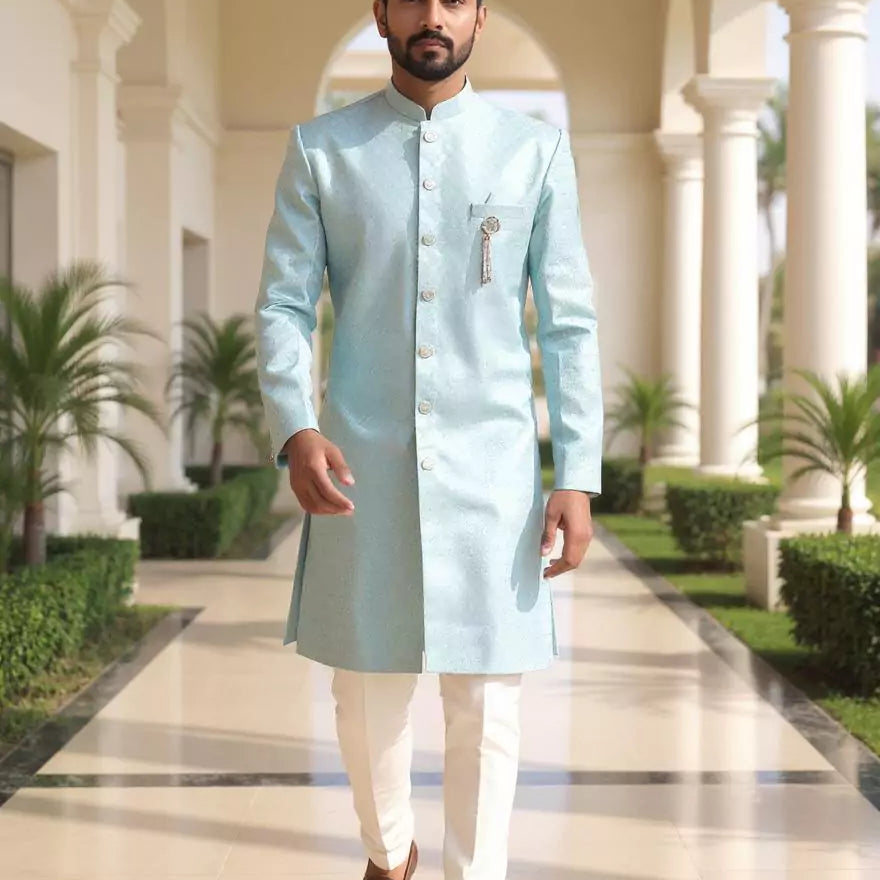 Self Design Firozi Colour Jacquard Semi Indo