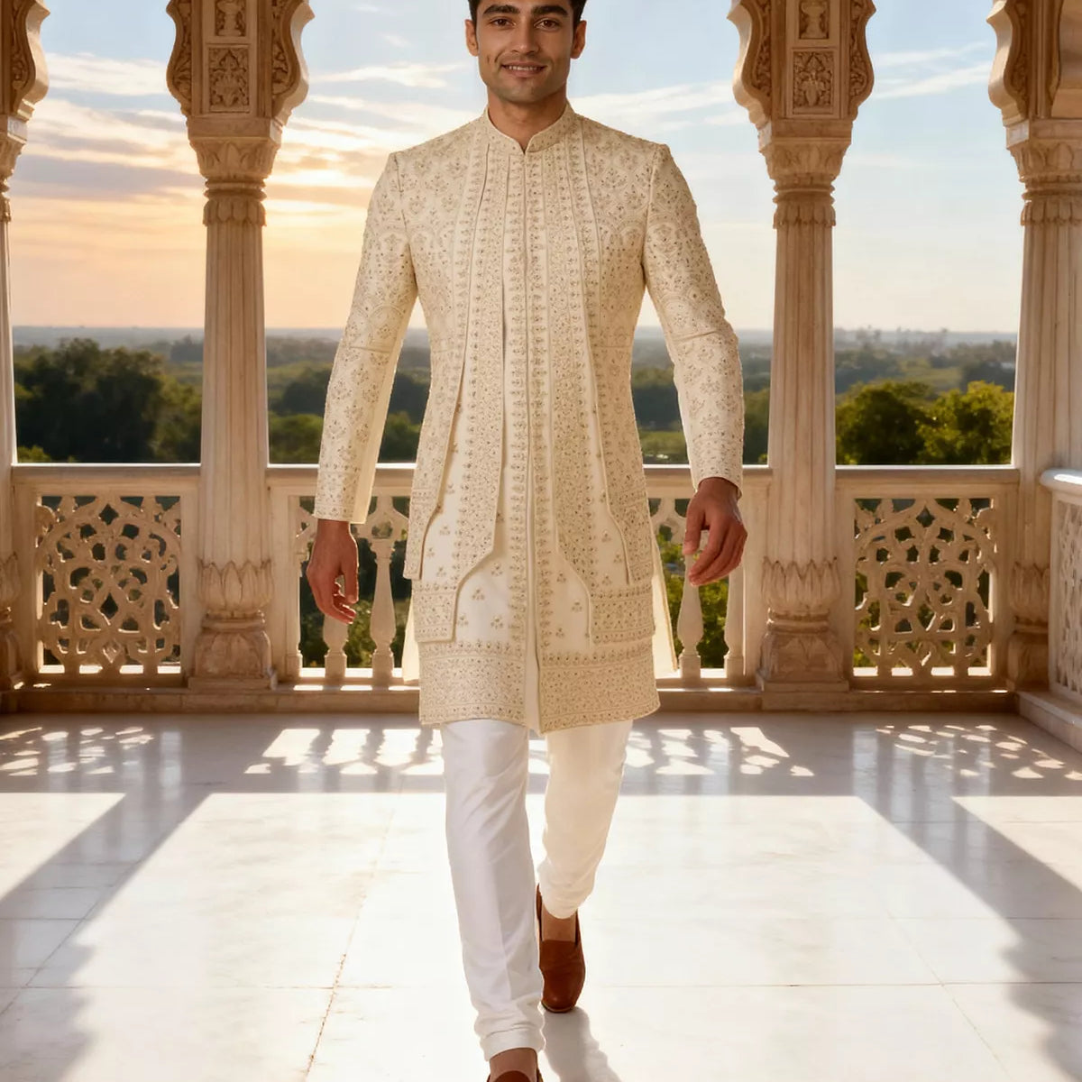 Cream Heavy Stones work Swed Cotton Sherwani