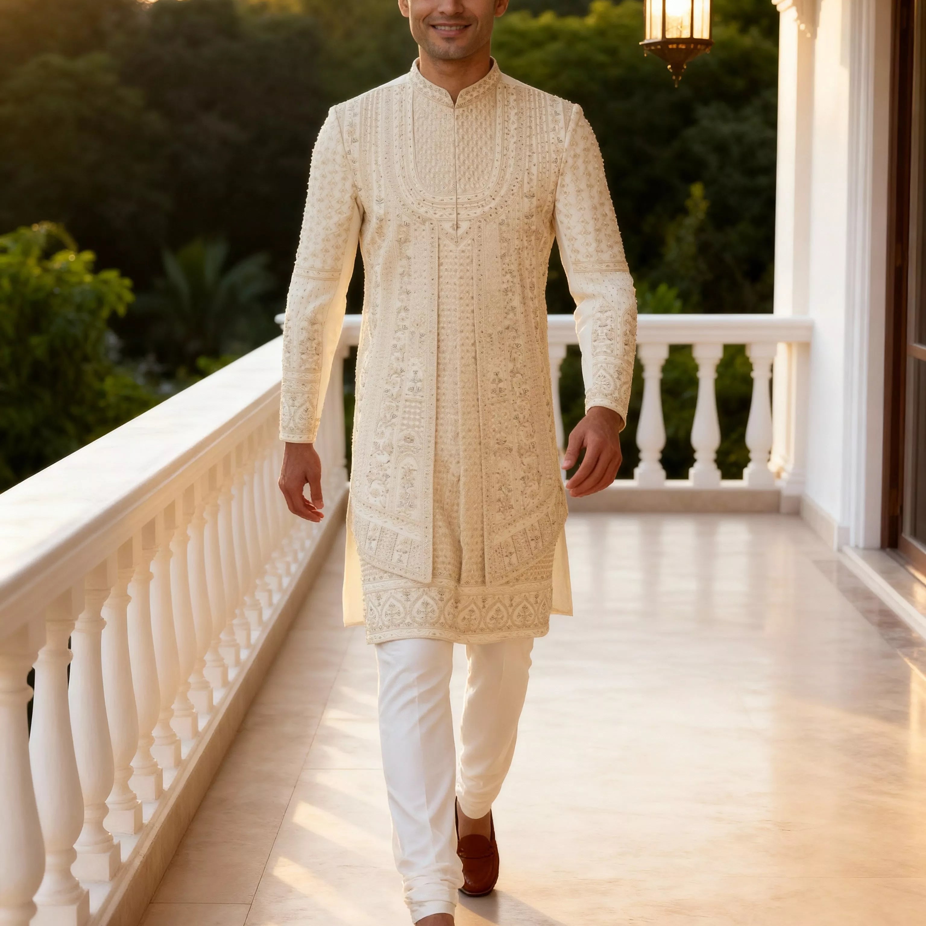 Embroidered with Stones Swed Cotton Sherwani in Cream