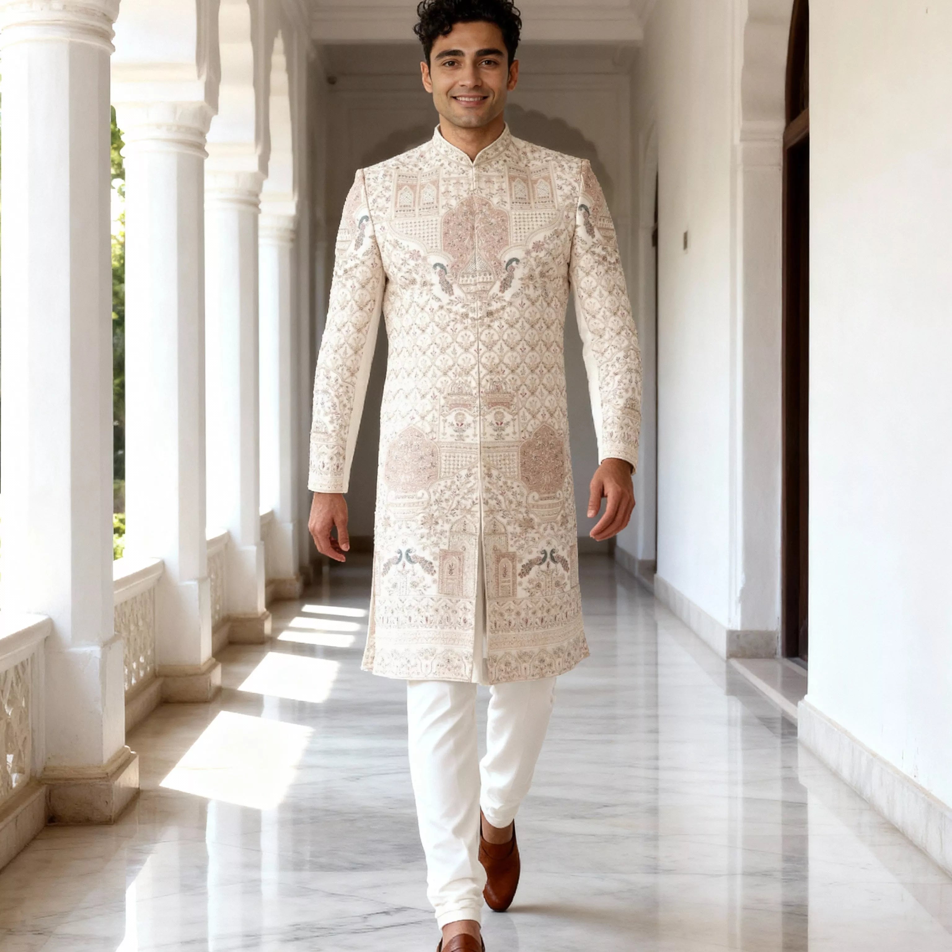 Warm White Floral Resham and Swarovski Stones work Raw Silk Sherwani