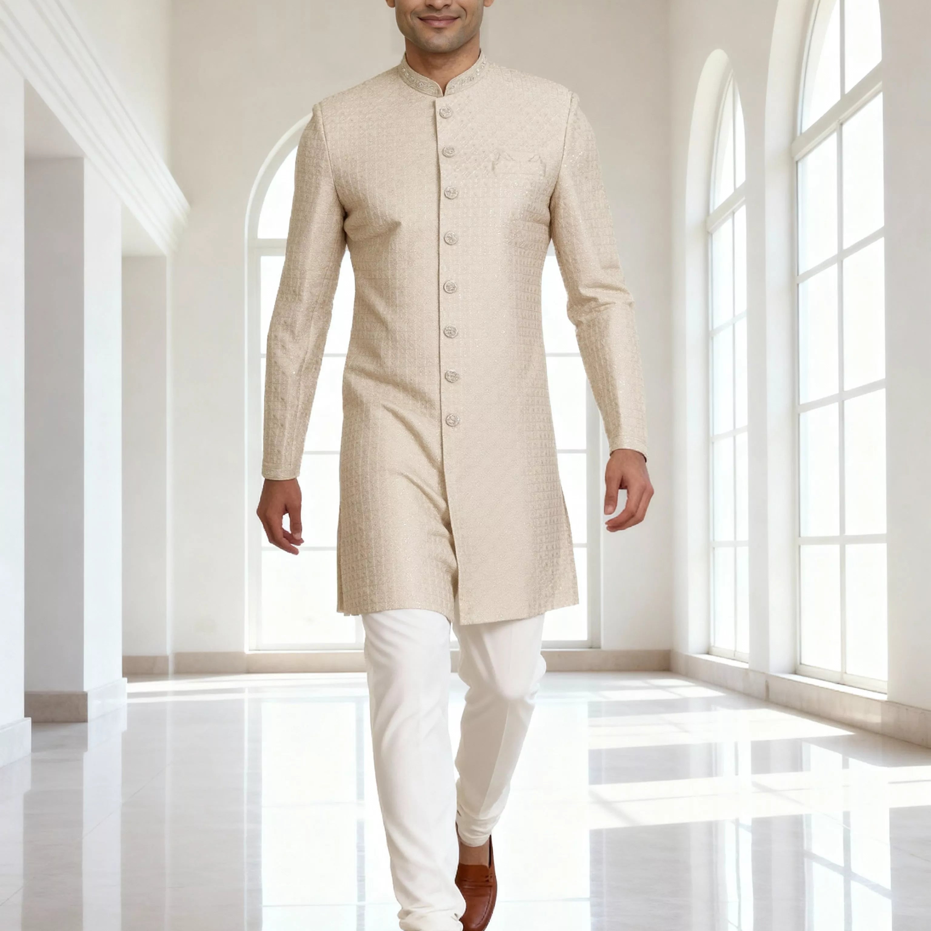 Cream Thread Embroidered Cotton Silk Sherwani