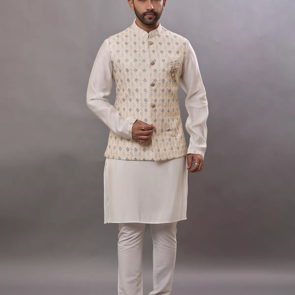 Geometric Thread Embroidery Milky Silk Kurta Jacket Set in Cream