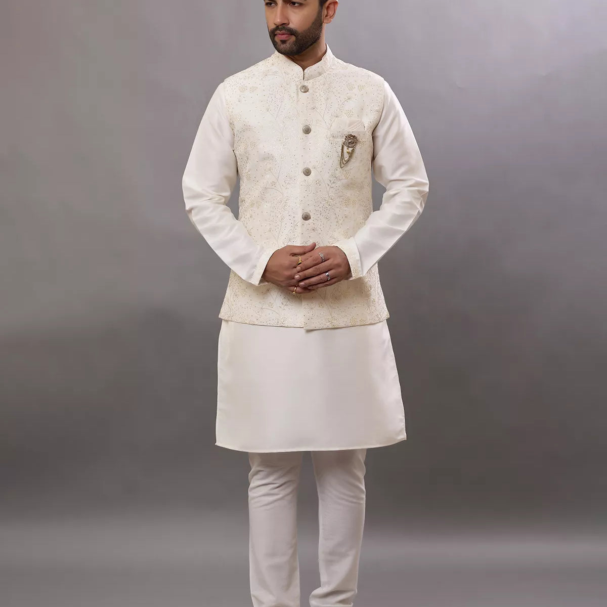 All Over Thread with Stones work Floral Raw Silk Kurta Jacket Set