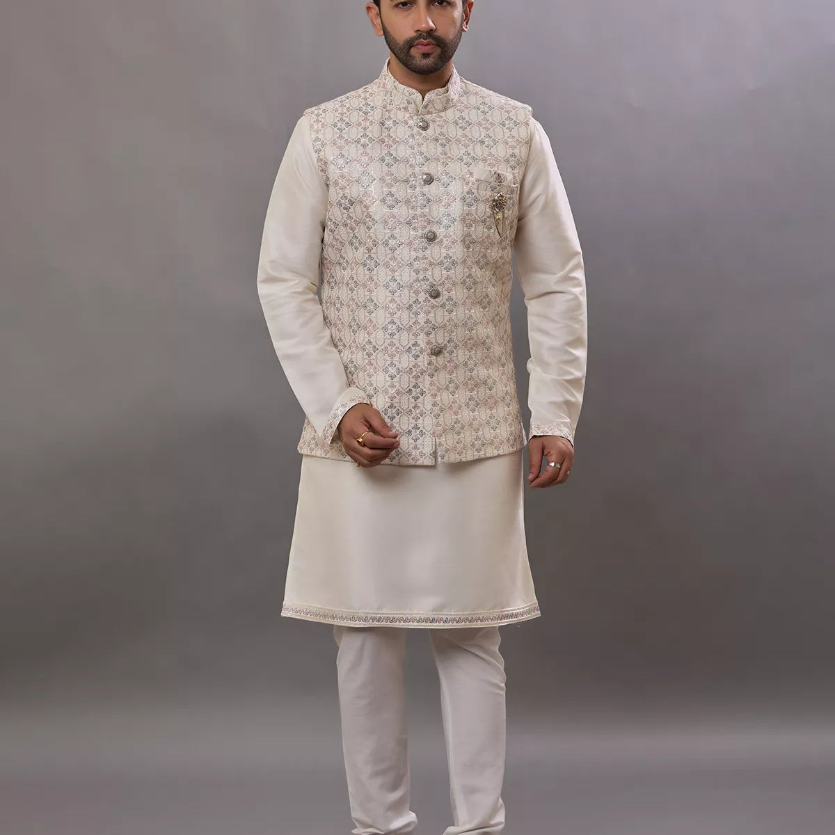Cream Floral Design Thread Embroidery Raw Silk Kurta Jacket Set