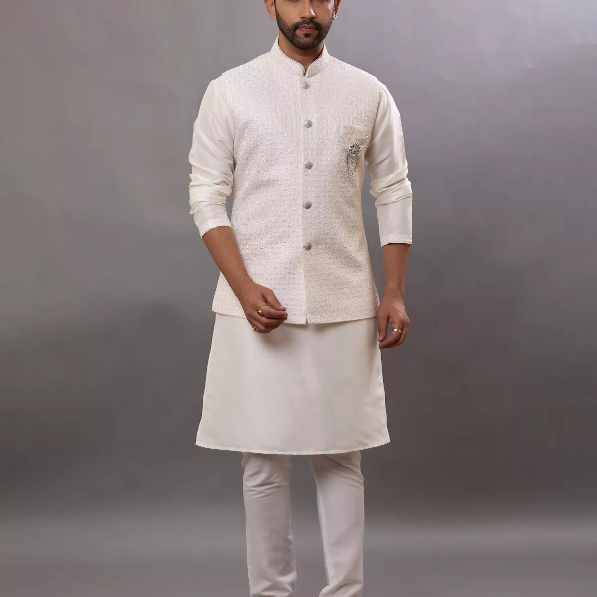 Self Design Thread work Raw Silk Kurta Jacket Set