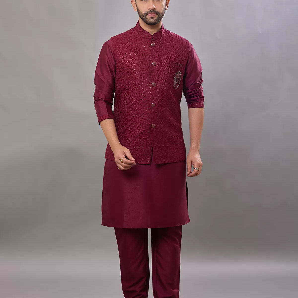 Self Design Thread work Raw Silk Kurta Jacket Set