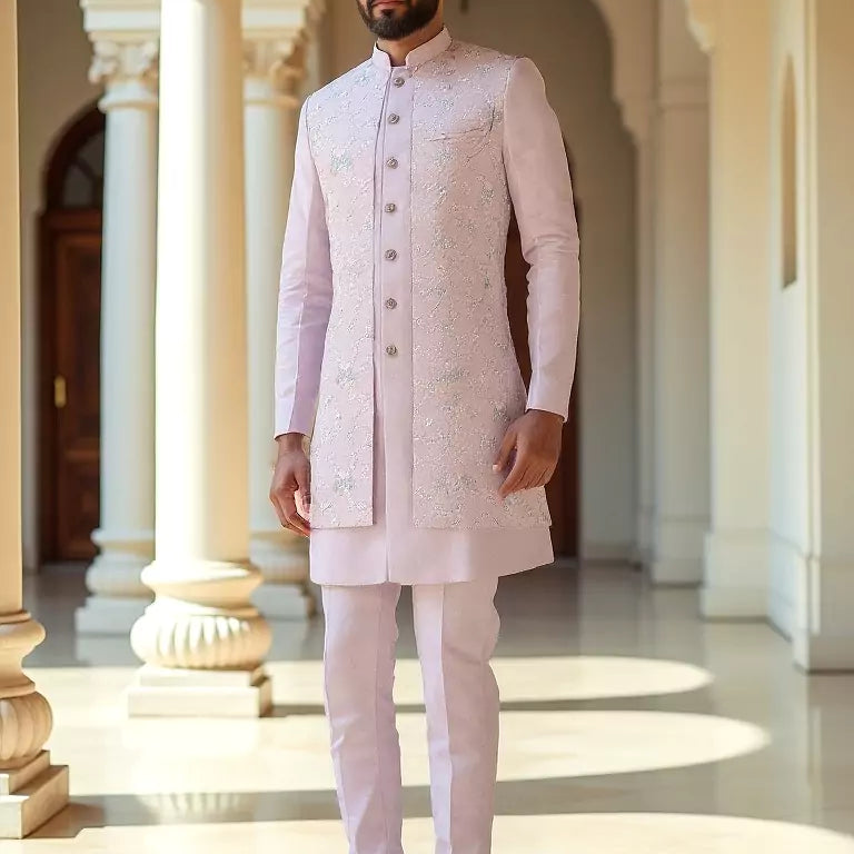 All Over Embroidery Floral Raw Silk Kurta Jacket Set