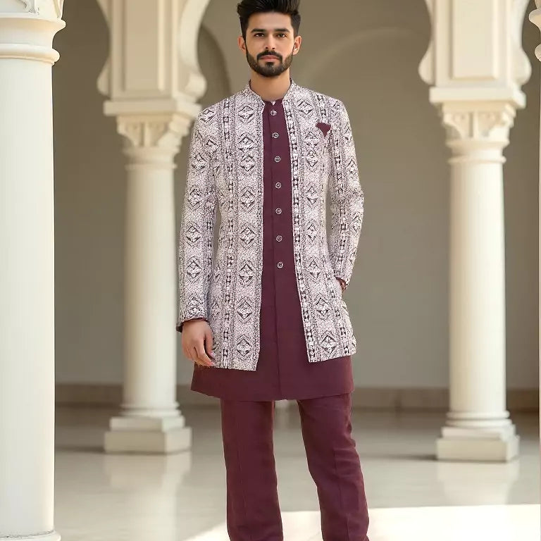 All Over Polyester Kurta Pajama with Heavy Thread work Men's Jacket