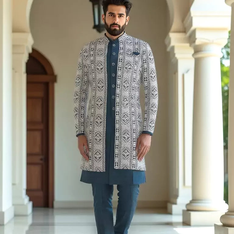 All Over Polyester Kurta Pajama with Heavy Thread work Men's Jacket