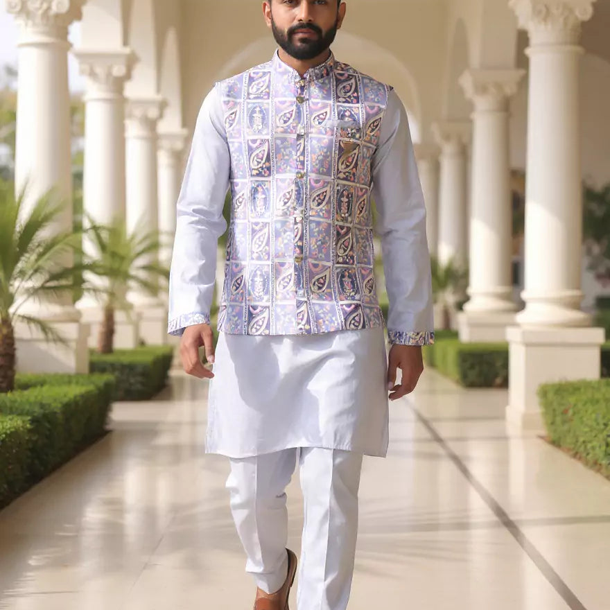 Sky Floral Print with Embellished work Cotton Silk Kurta Jacket Set