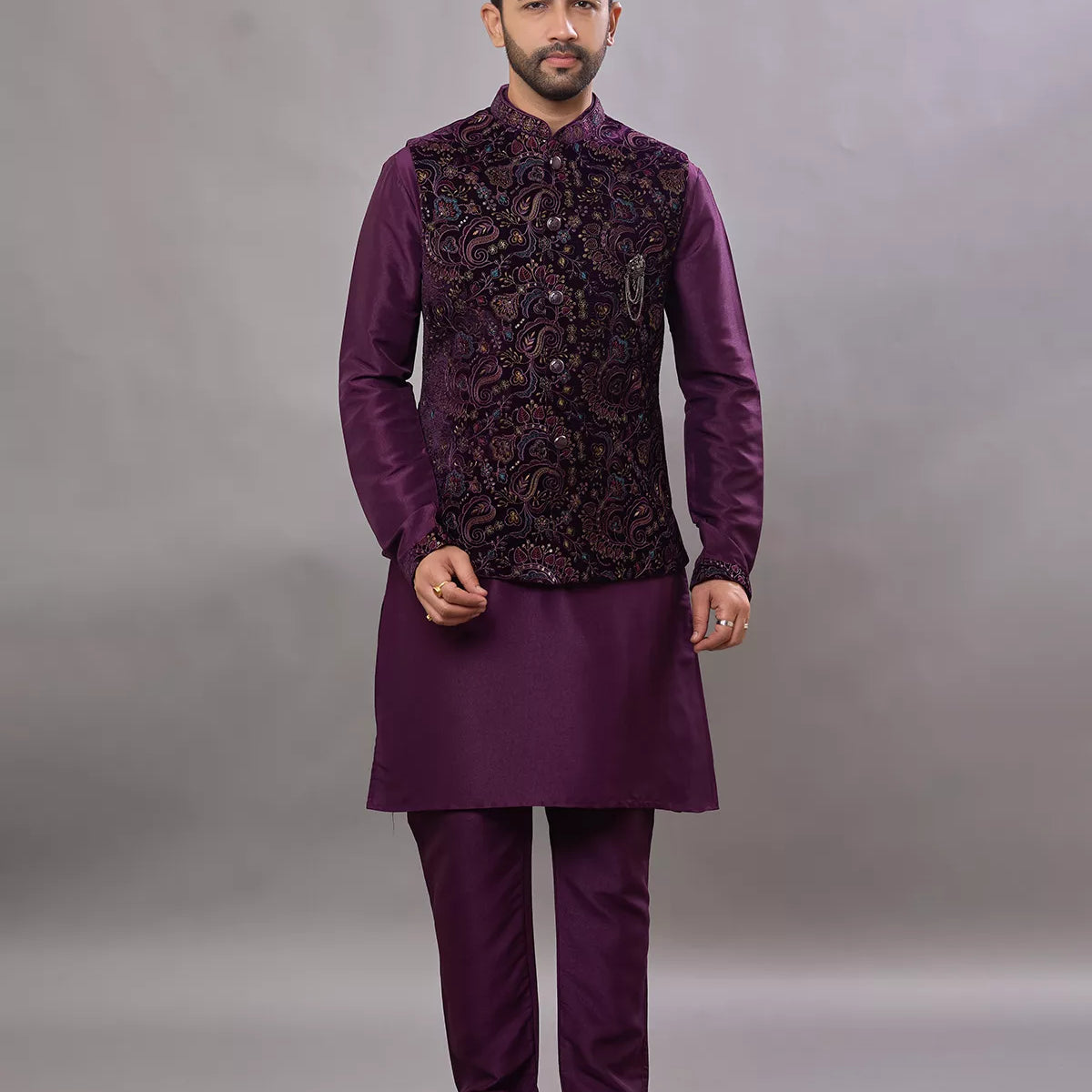 Lavender Colored Floral Thread work Raw Silk  Kurta Jacket Set