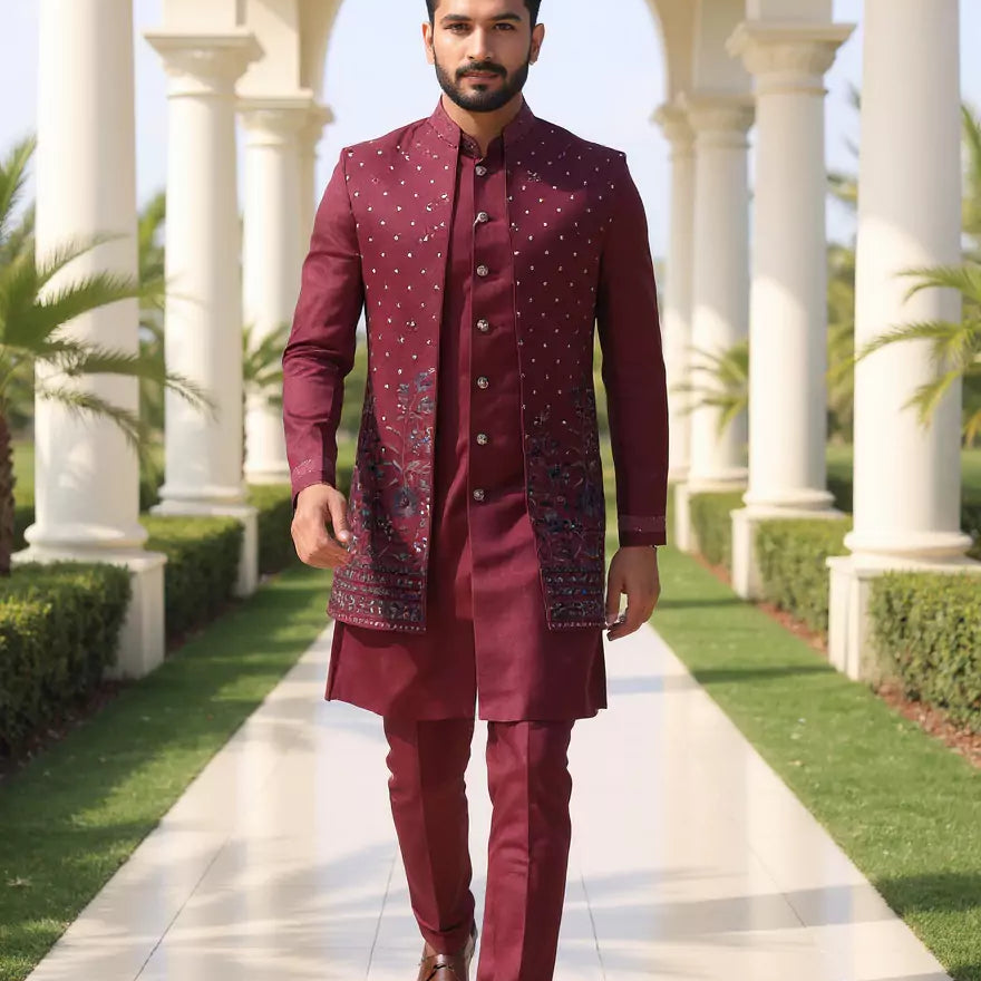 Wine Self Stripes Patterned Raw Silk Thread work Kurta Jacket Set