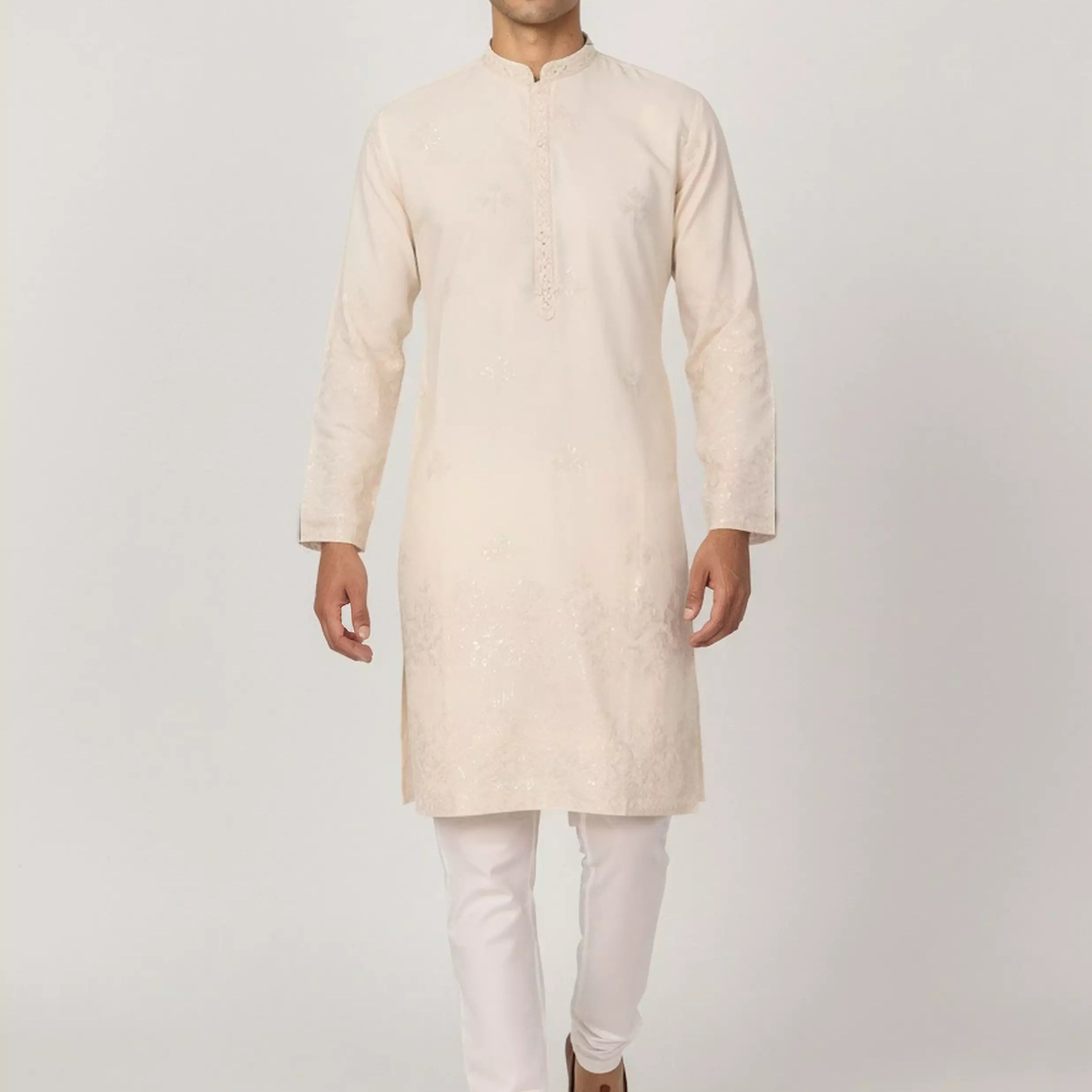 Floral Sequence and Mirror work Milky Silk Kurta Pajamas
