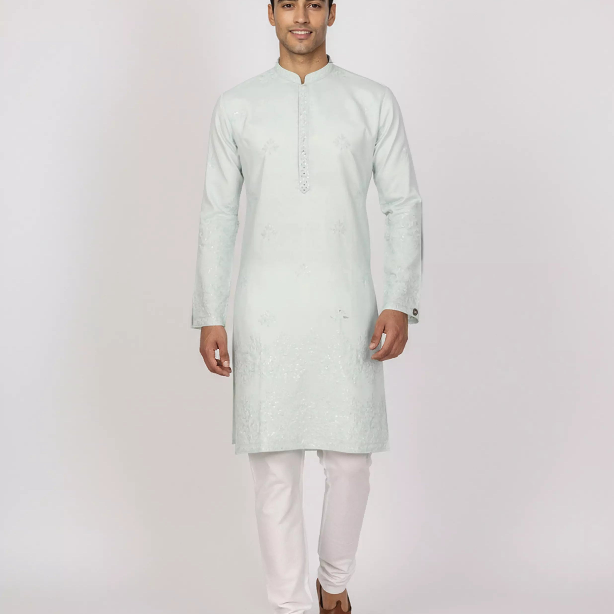 Floral Sequence and Mirror work Milky Silk Kurta Pajamas