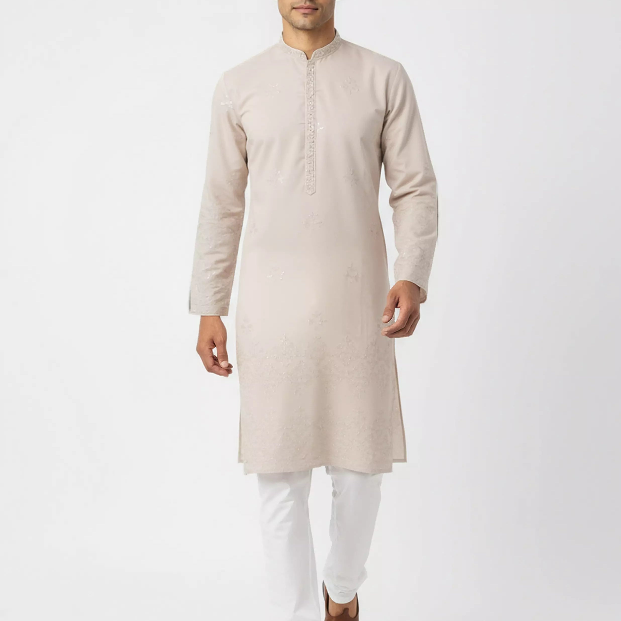 Floral Sequence and Mirror work Milky Silk Kurta Pajamas