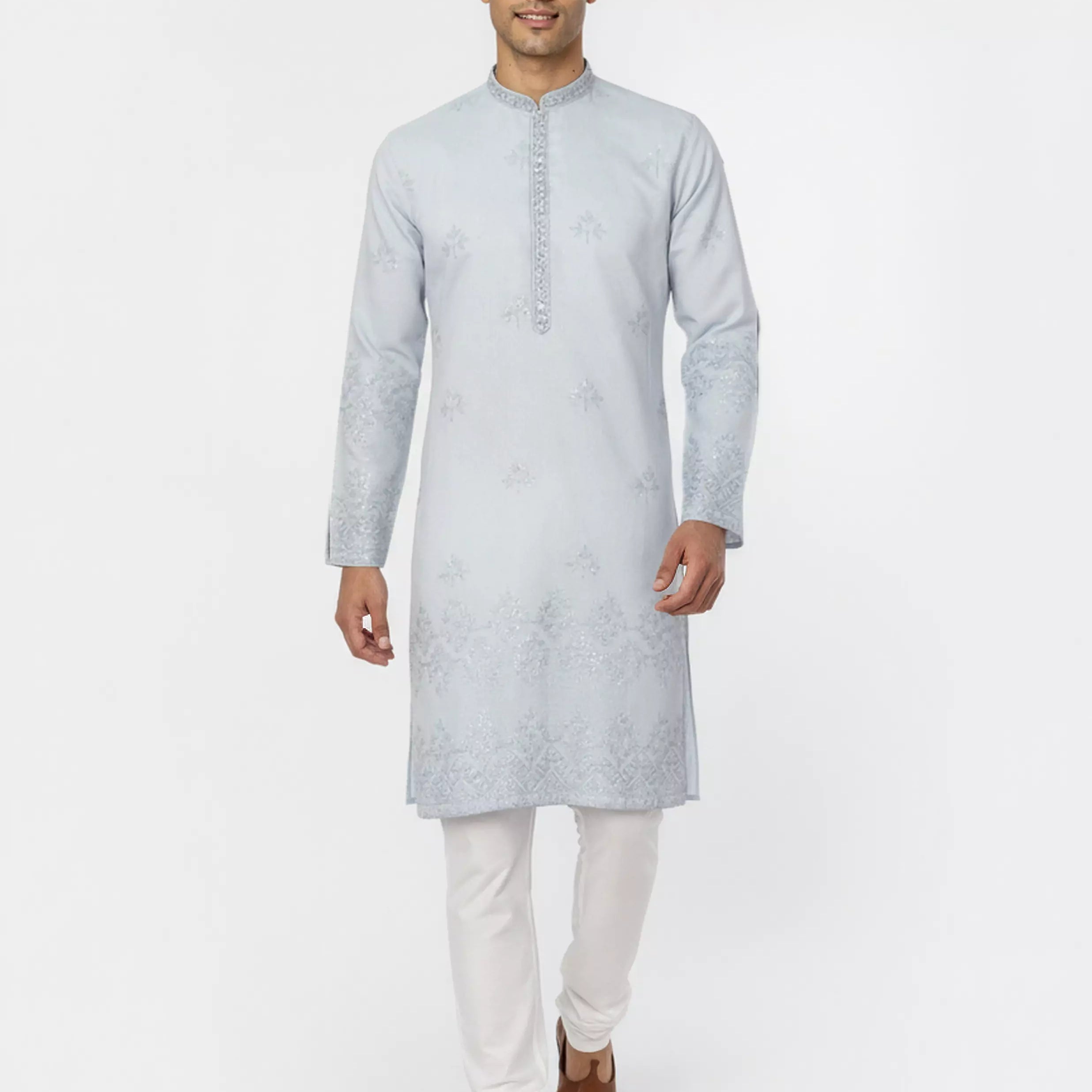 Floral Sequence and Mirror work Milky Silk Kurta Pajamas