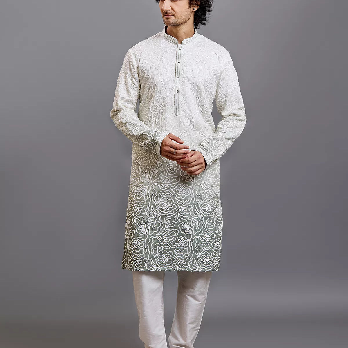 Off White Floral Thread work Cotton Silk Kurta Pyjama Set