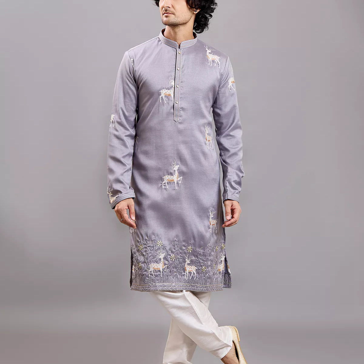 Milky Silk Animal Embroidered Kurta with Pajama