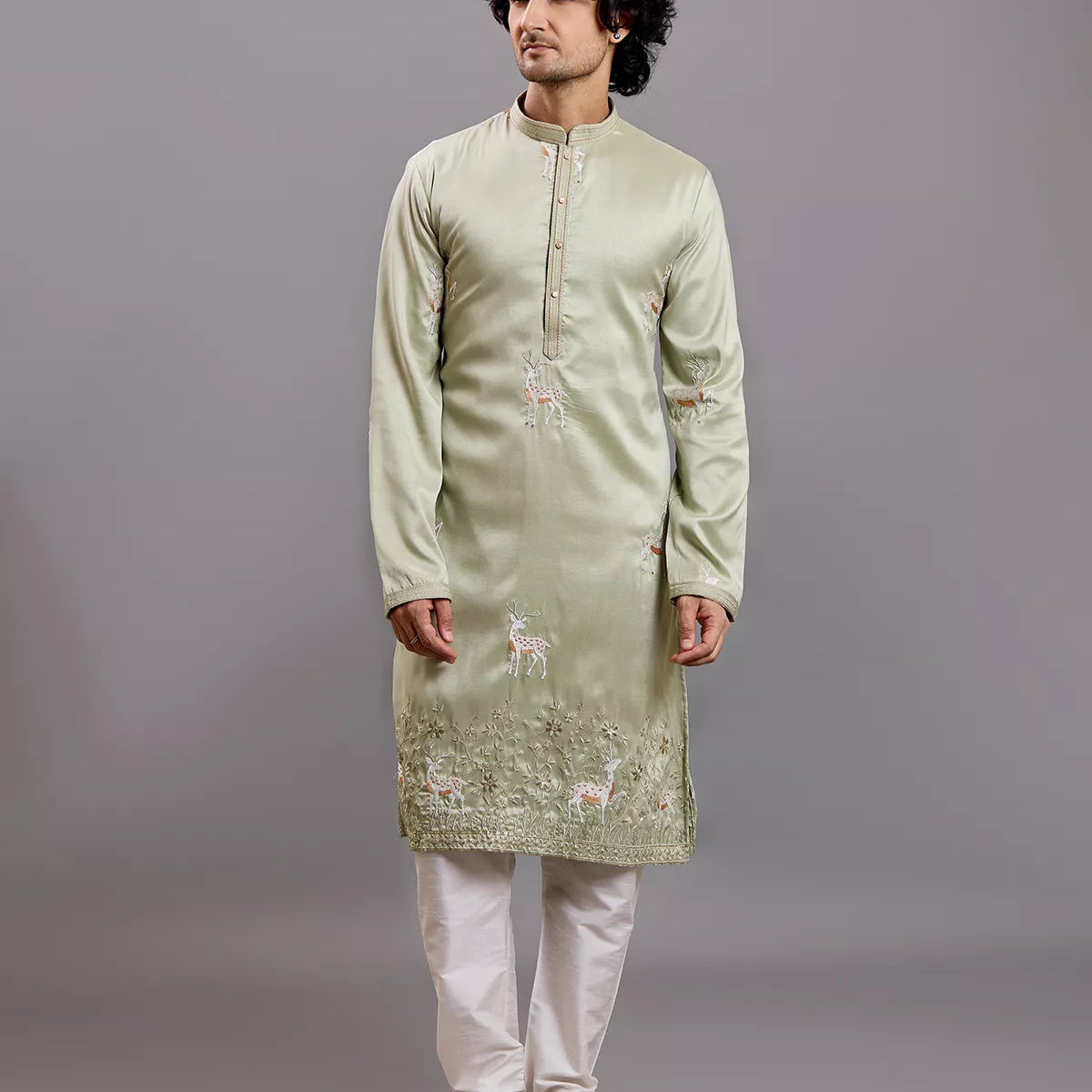 Milky Silk Animal Embroidered Kurta with Pajama