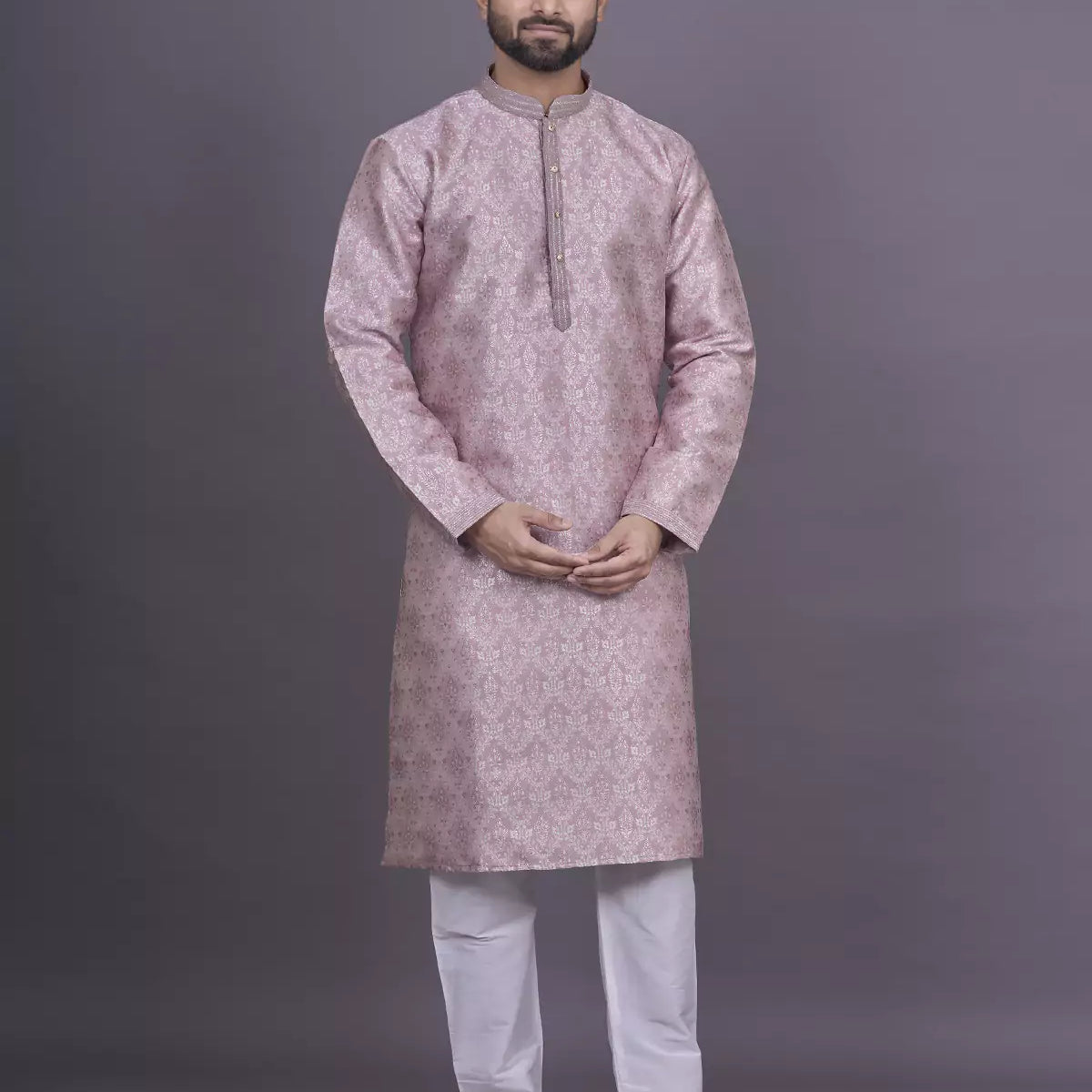 All Over Floral Motifs Onion Coloured Soft Silk Kurta Pyjama Set