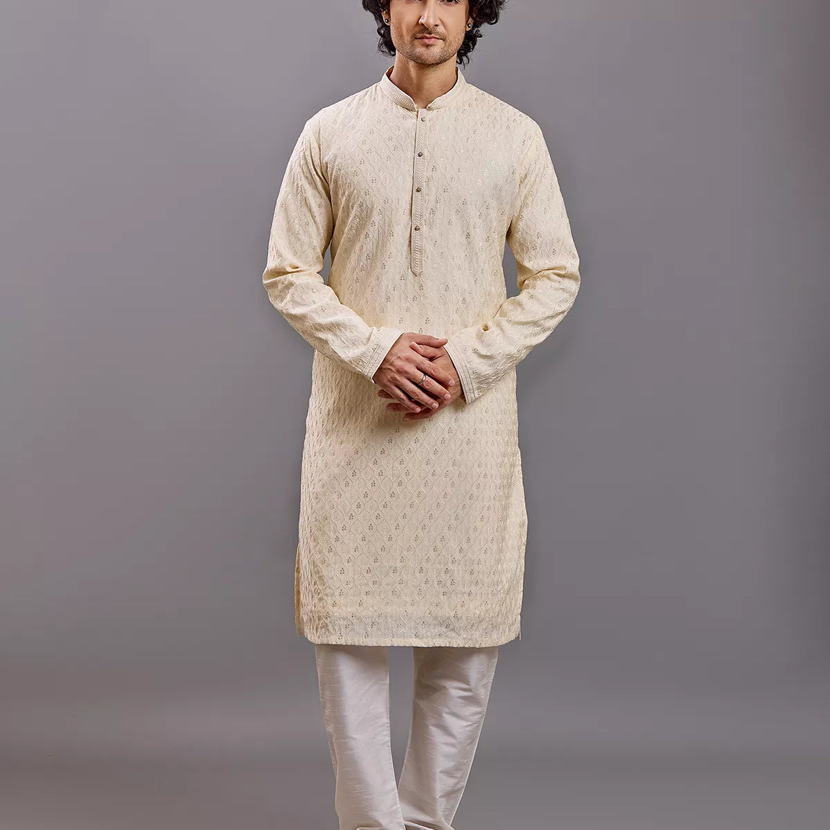 Self Floral with Embellished work Milky Silk Kurta Pyjama