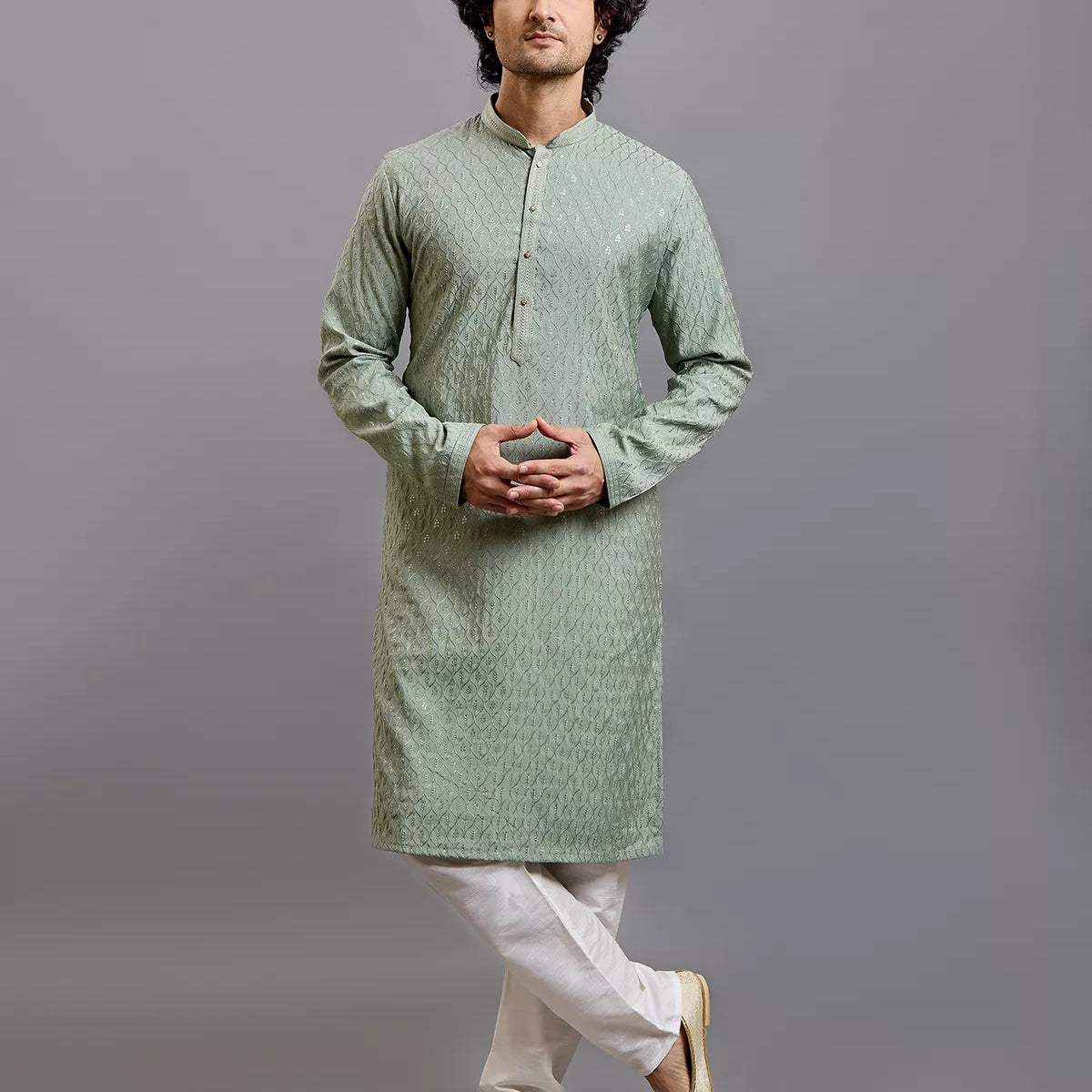Self Floral with Embellished work Milky Silk Kurta Pyjama